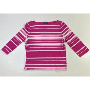 Chaps Classic Womens Striped 3/4 Sleeve Pink Nautical Boat Neck Shirt SZ L